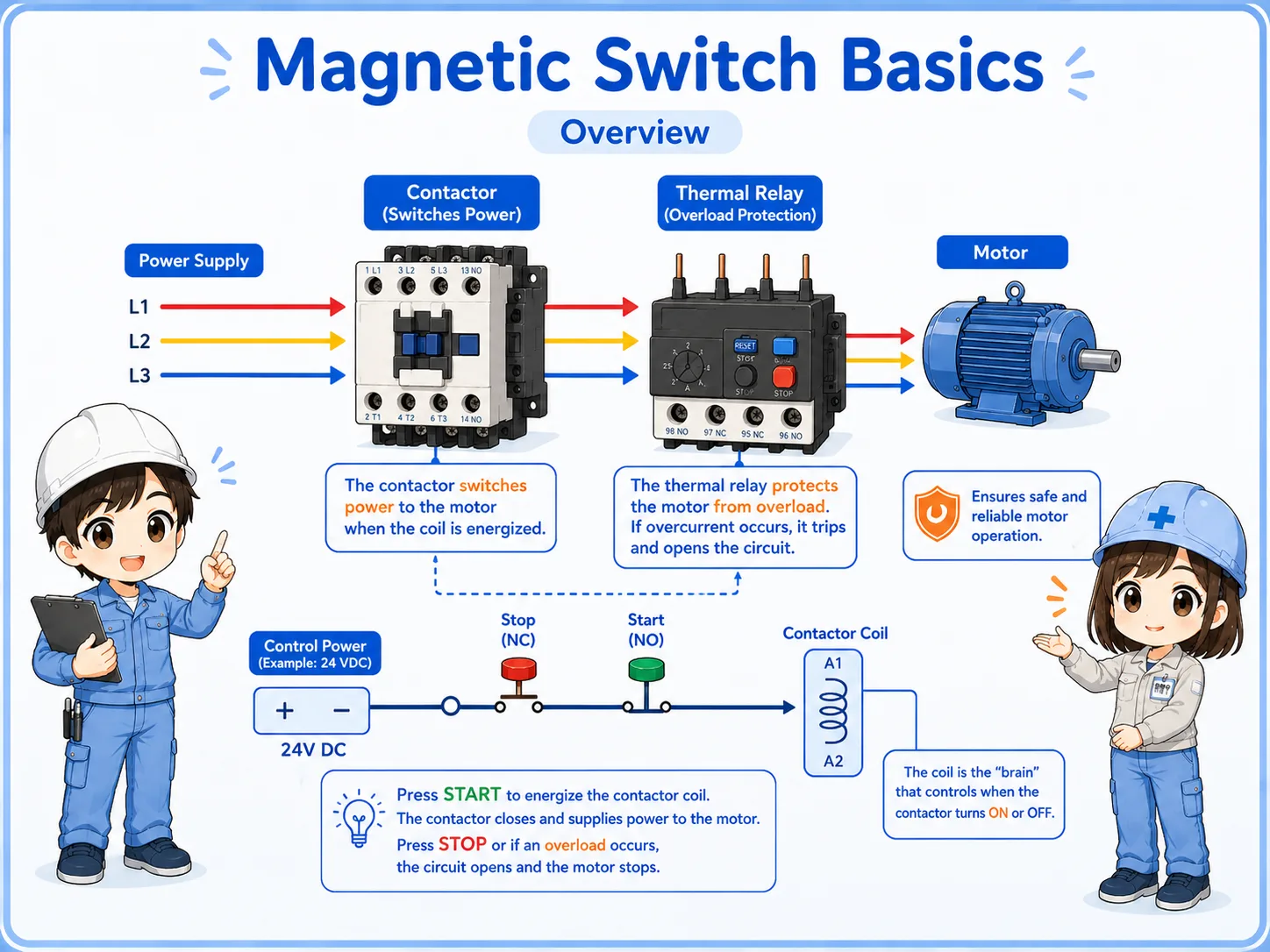Overview of a magnetic switch with contactor and thermal relay for motor control