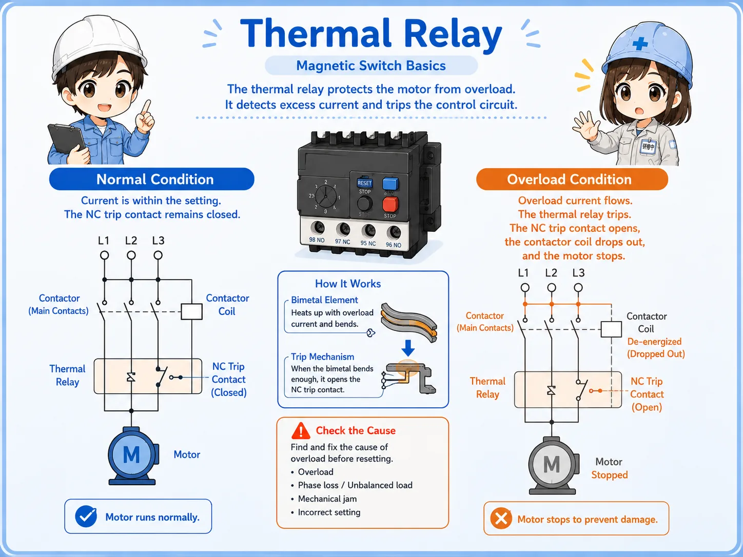 Thermal relay overload trip contact in a magnetic switch circuit