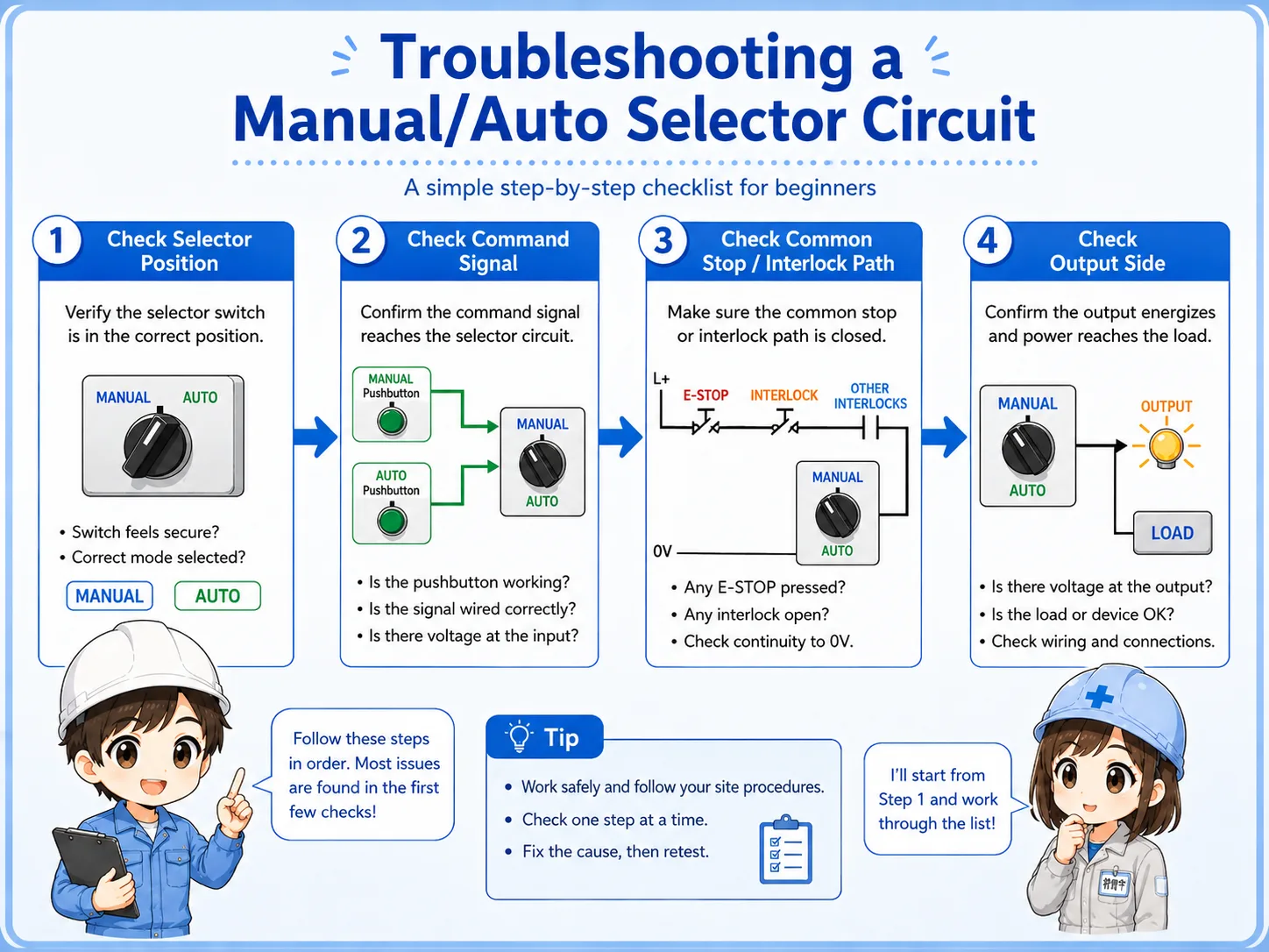 Troubleshooting flow for manual auto selector circuit checking selector position command paths interlocks and output