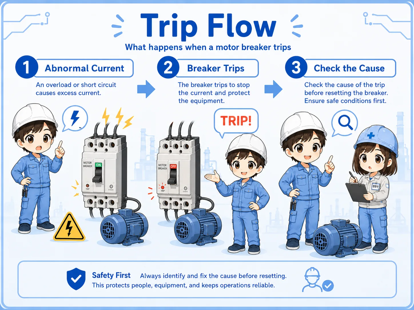 Trip flow of a motor breaker from abnormal current to cause check