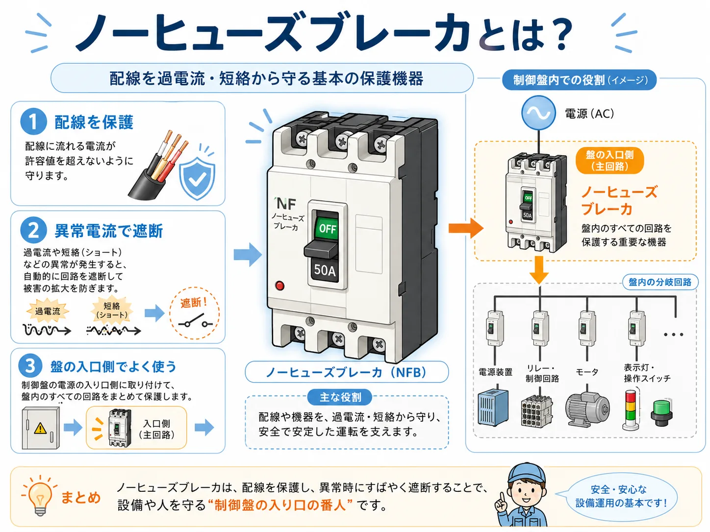 ノーヒューズブレーカとは何かを示す制御盤内の図解