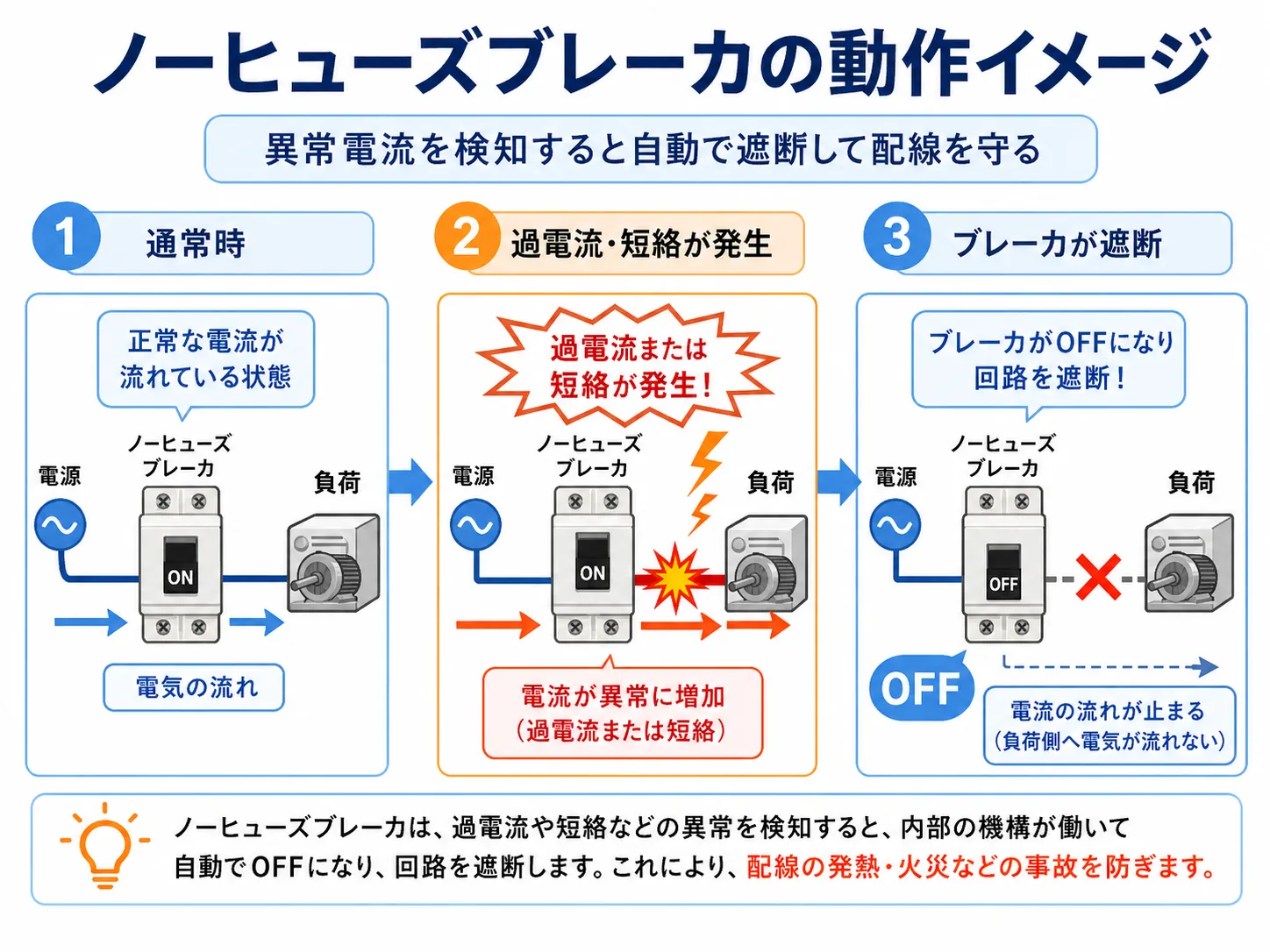 ノーヒューズブレーカが過電流や短絡で遮断する流れ