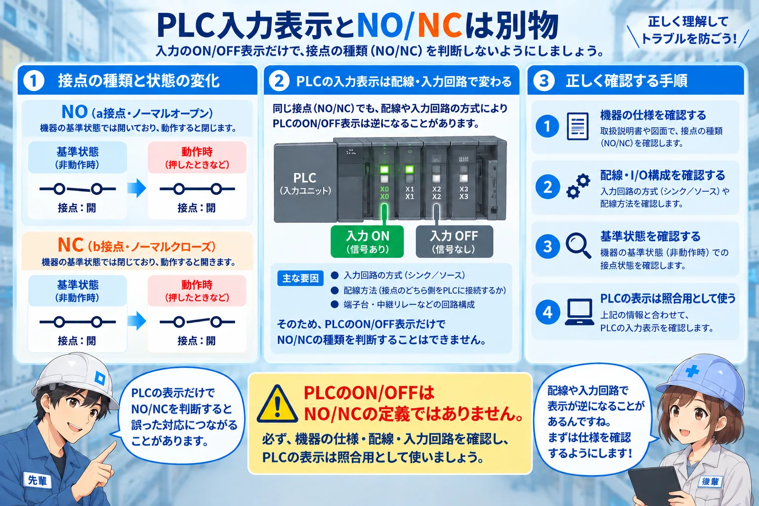 PLC入力表示とNO・NC接点種別を分けて確認する図。機器仕様、配線・I/O構成、基準状態を確認し、PLC表示は照合用として扱う流れを説明している。