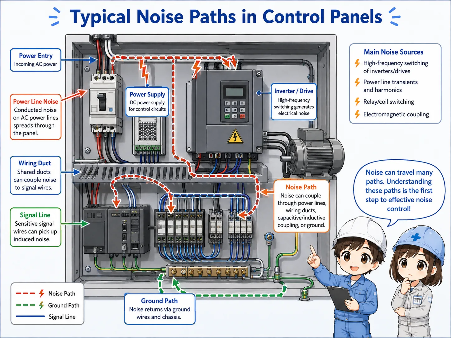 Diagram showing electrical noise path from inverter power wiring through a filter and toward sensitive control wiring