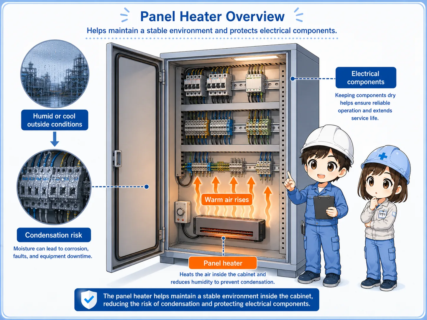 Overview of a panel heater warming air inside a control cabinet to reduce condensation risk