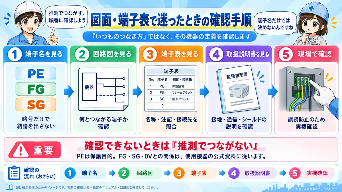 図面・端子表で迷ったときに、端子名、回路図、端子表、取扱説明書、現場条件を順に確認する手順