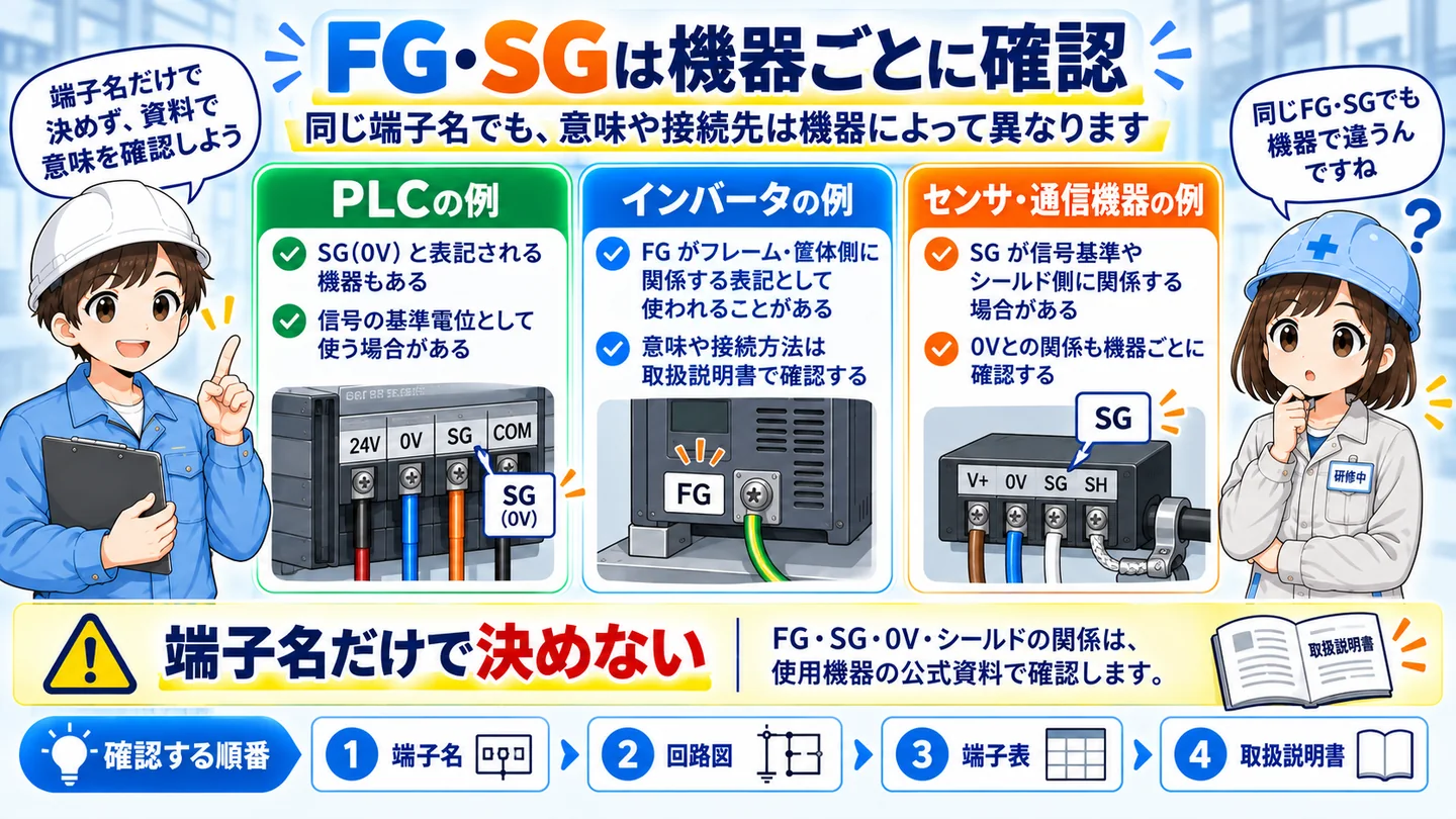 FG・SGはPLC、インバータ、センサーや通信機器など機器ごとに公式資料で確認することを示した図