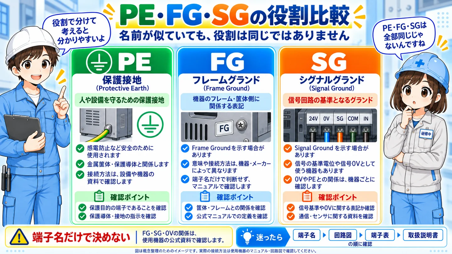 PE・FG・SGの役割比較。PEは保護接地、FGはフレームグランド、SGはシグナルグランドとして整理し、機器ごとの定義確認を促す図