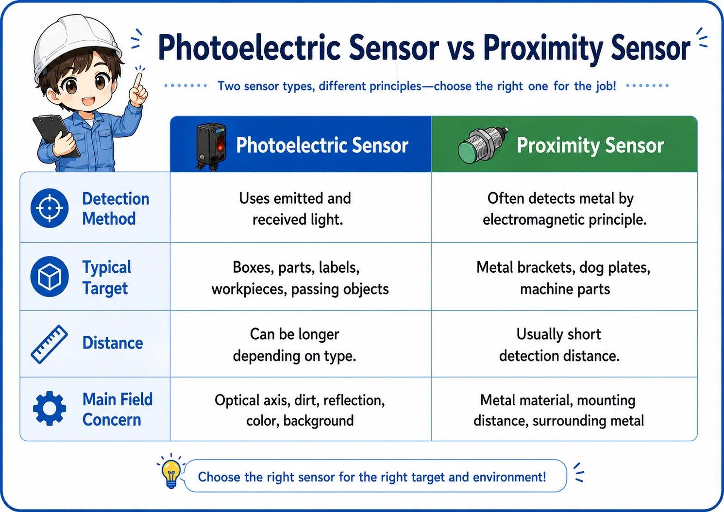 Comparison of photoelectric sensors and proximity sensors for detection method, targets, and practical field concerns