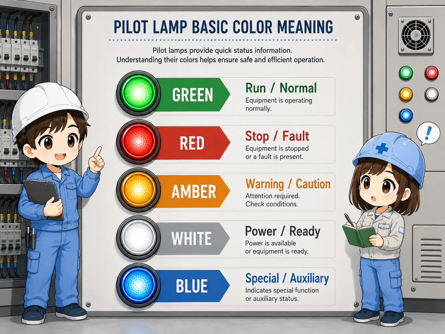 Common pilot lamp colors such as green, red, amber, white, and blue with typical status meanings