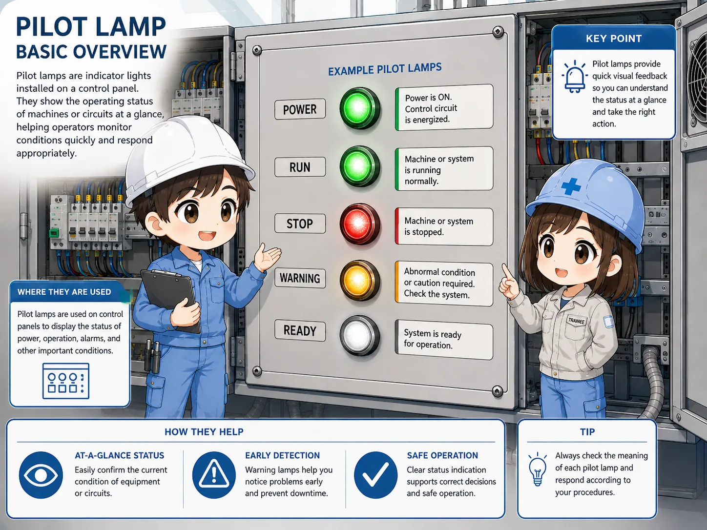 Overview of pilot lamps showing control panel status such as power, run, stop, warning, and fault