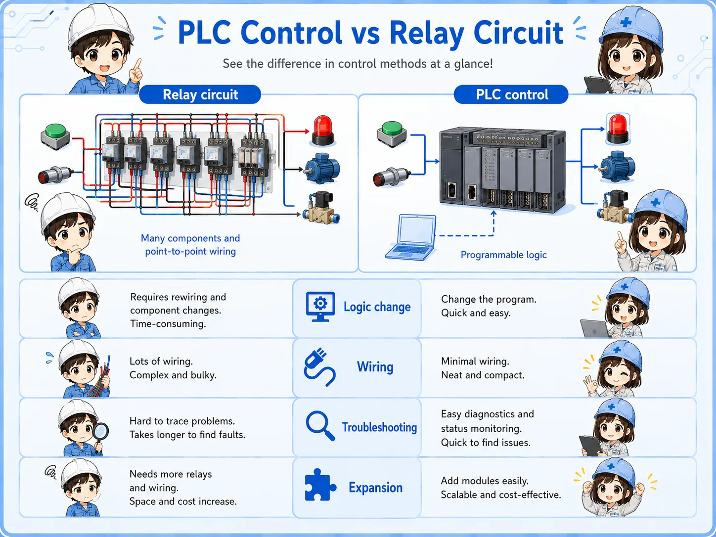 Comparison diagram of relay circuit wiring and PLC program logic