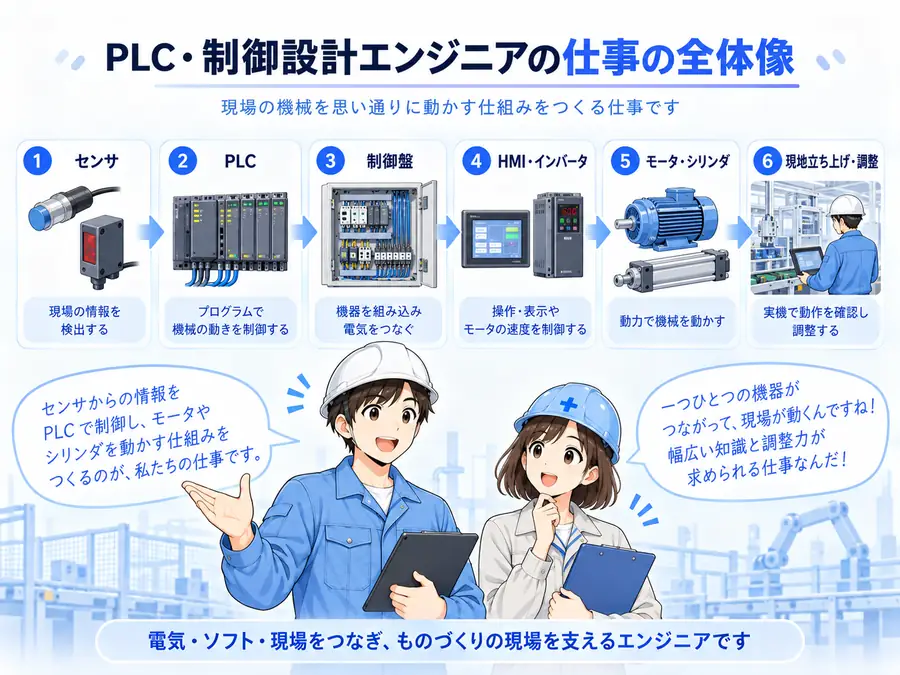 センサ、PLC、制御盤、HMI・インバータ、モータ・シリンダ、現地立上げまでの仕事の全体像