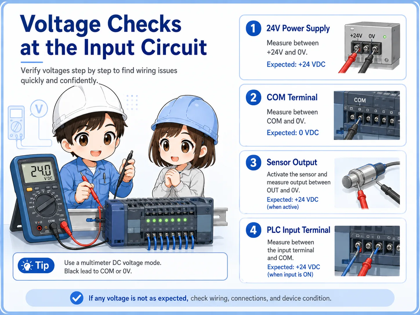 Voltage check points for PLC input troubleshooting including 24V power, COM, sensor output, and PLC input terminal