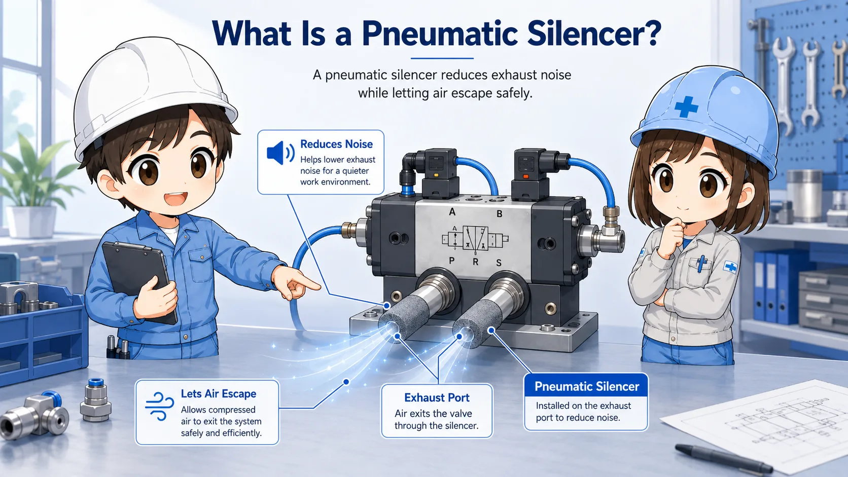 Overview of a pneumatic silencer attached to an air valve exhaust port