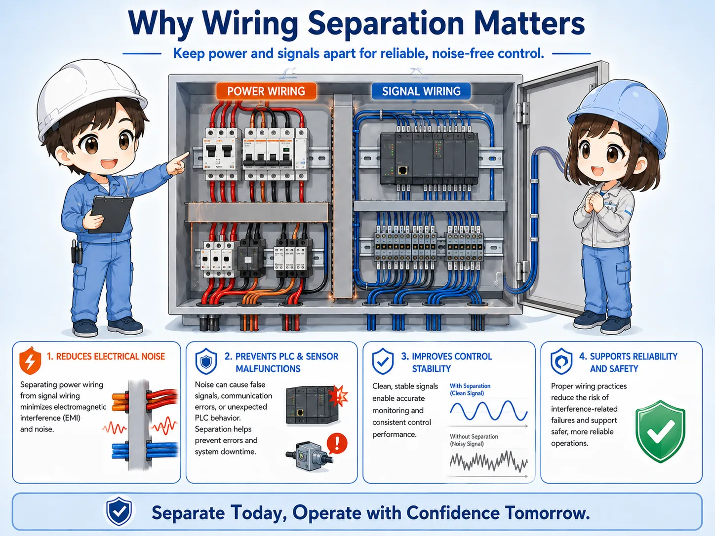 Overview of separating power wiring and signal wiring inside a control panel
