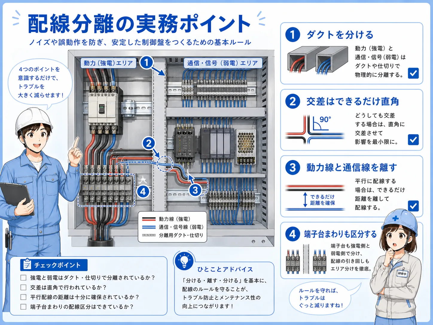動力線からのノイズが信号線へ影響する流れと分離配線で抑える考え方を示した図