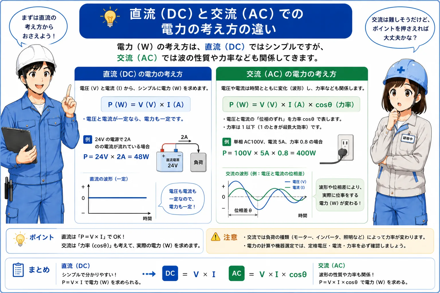 直流の基本式と交流で追加条件があることを比較する概念図