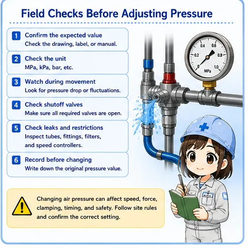 Field checklist for checking a pneumatic pressure gauge before adjusting pressure