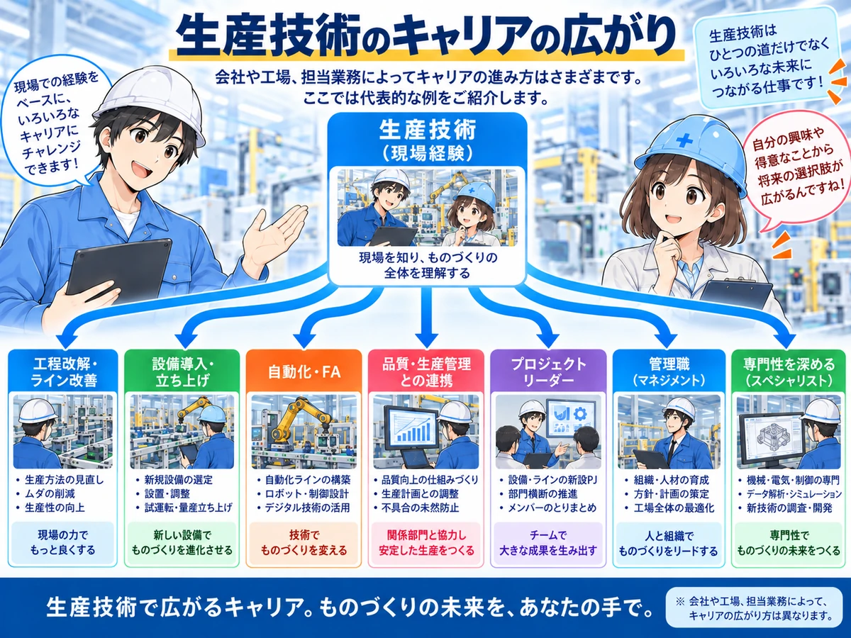 生産技術の現場経験から工程改善、設備導入、自動化・FA、品質・生産管理、プロジェクトリーダー、管理職、スペシャリストへ広がるキャリア例