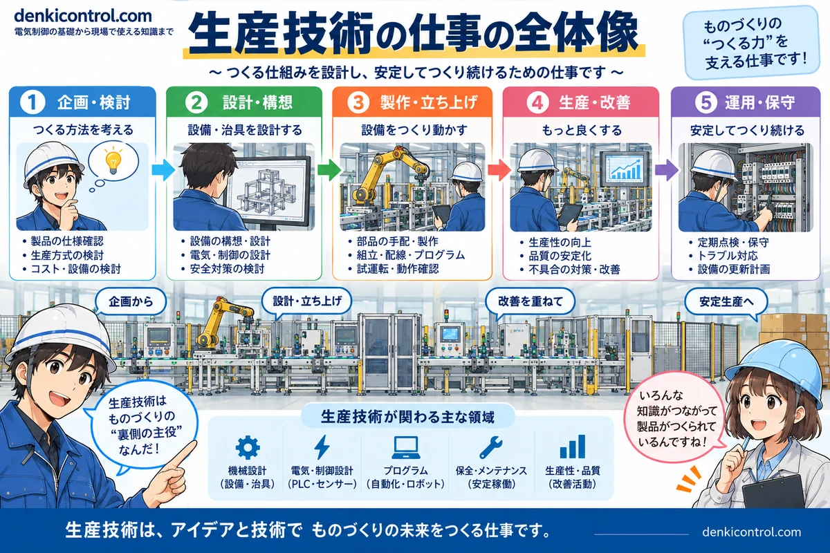 企画・検討から設計・構想、製作・立ち上げ、生産・改善、運用・保守までの生産技術の仕事の全体像