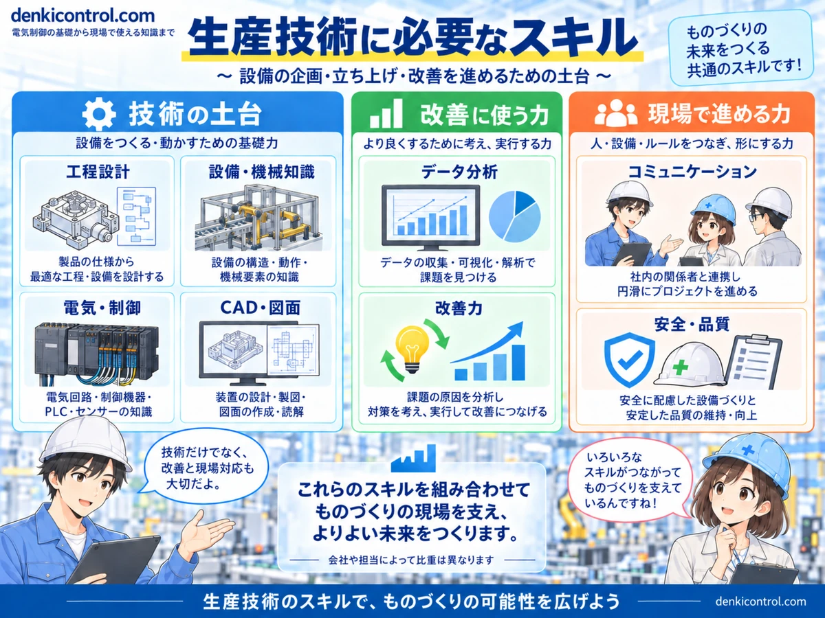 工程設計、設備・機械知識、電気・制御、CAD・図面、データ分析、改善力、コミュニケーション、安全・品質という生産技術に役立つスキル