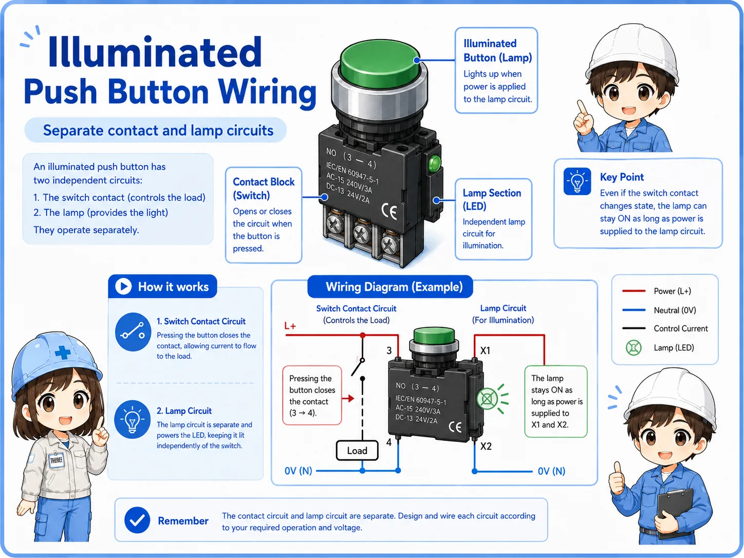 Diagram showing an illuminated push button with separate contact and lamp wiring