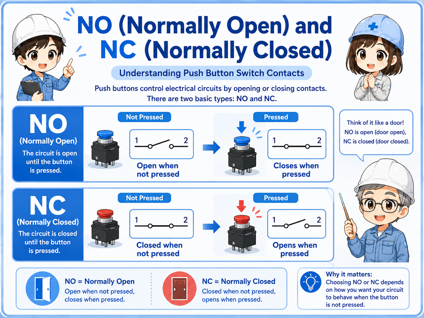 Diagram comparing NO and NC contacts on a push button switch