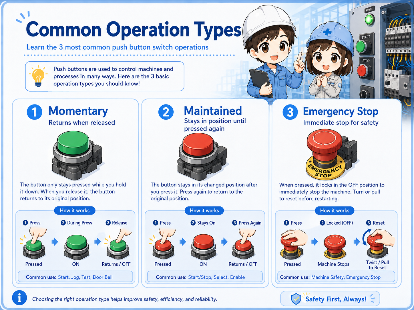 Diagram comparing momentary and alternate push button operation