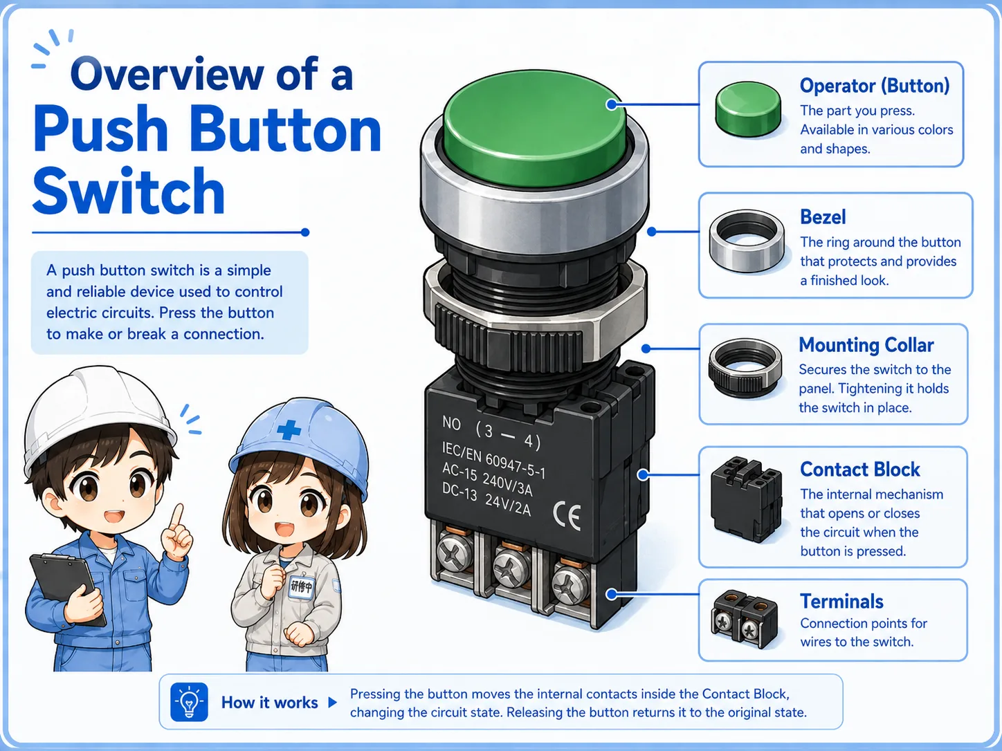 Overview diagram of a push button switch on a control panel connected to a PLC input