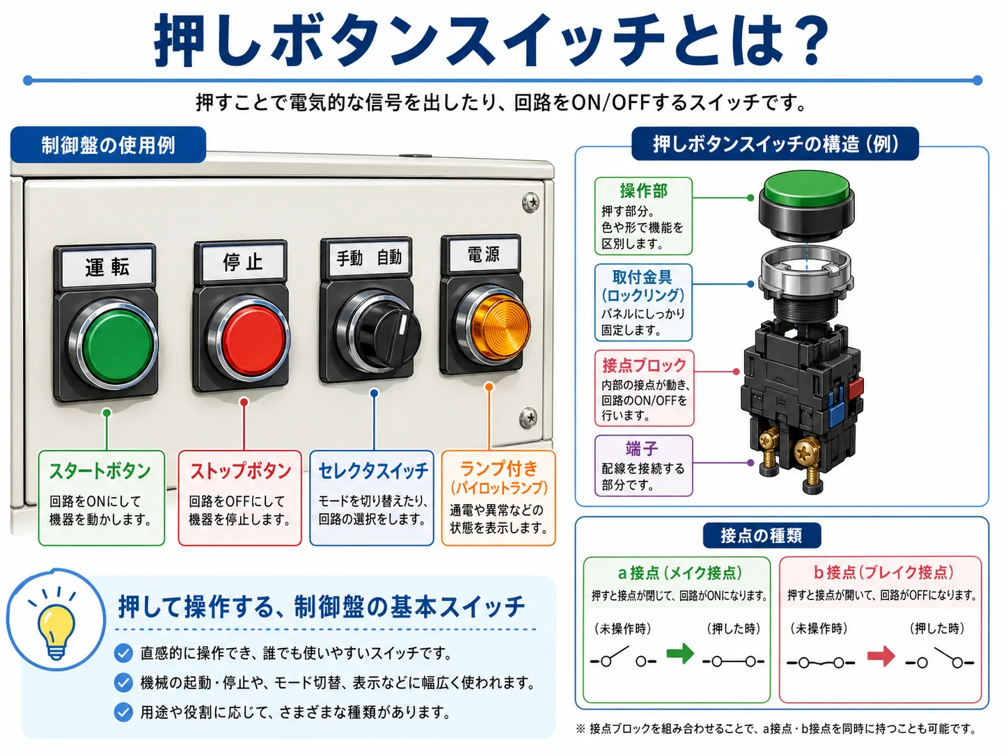 押しボタンスイッチの構造と制御盤での使用例