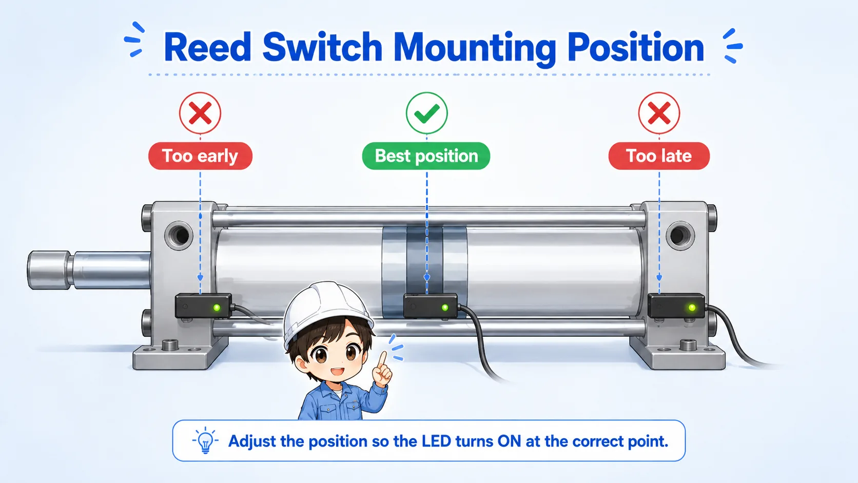 Reed switch mounting position on an air cylinder