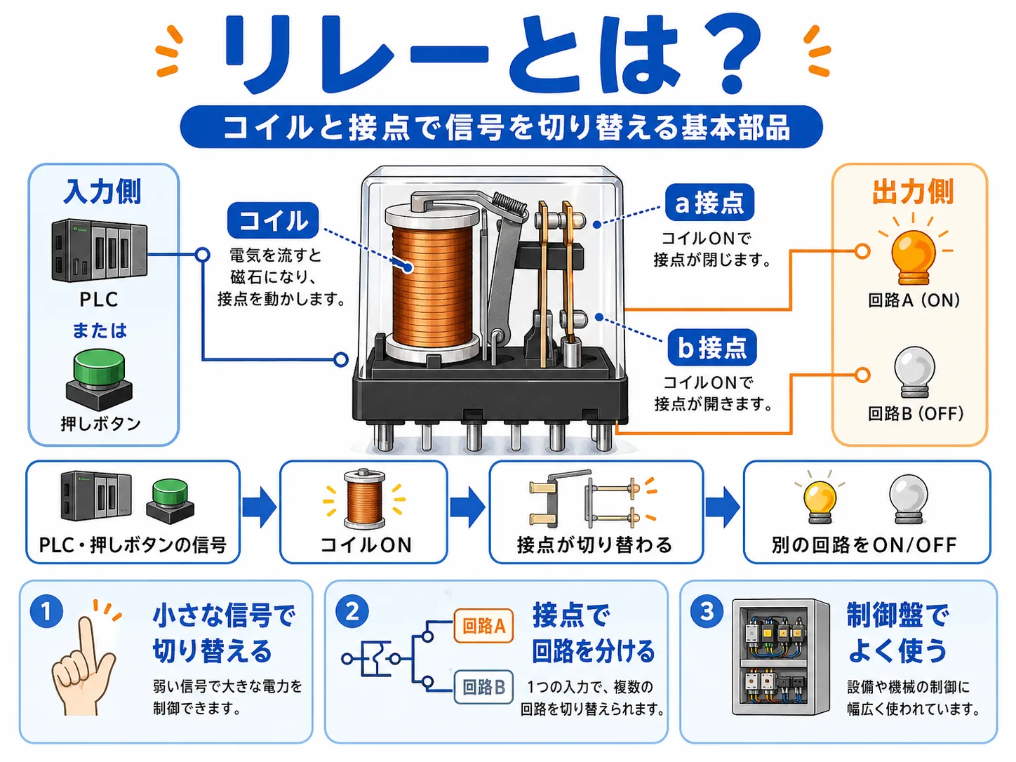 リレーとは何かを示すコイル・a接点・b接点の図解