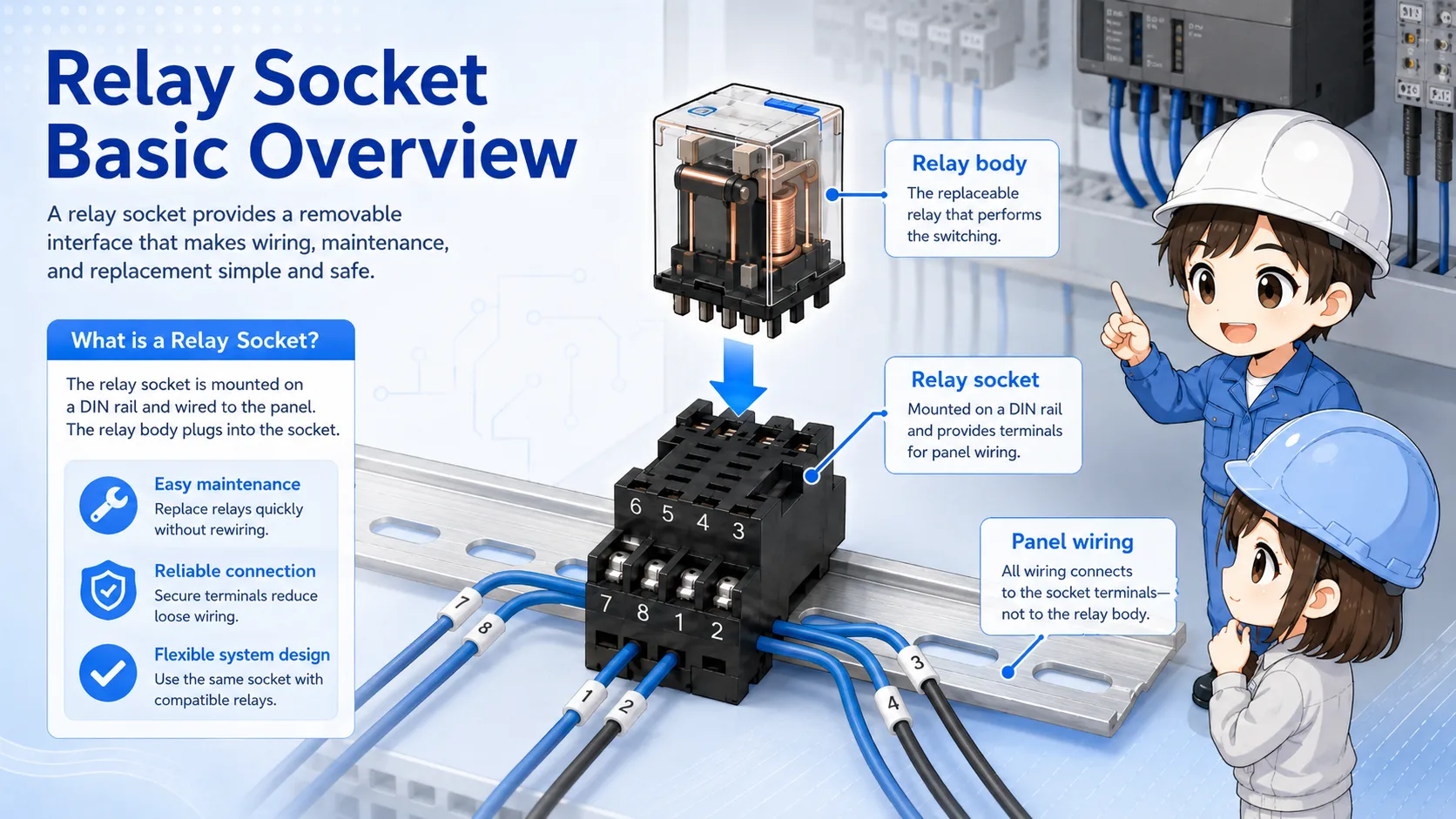 Relay plugged into a socket base inside a control panel