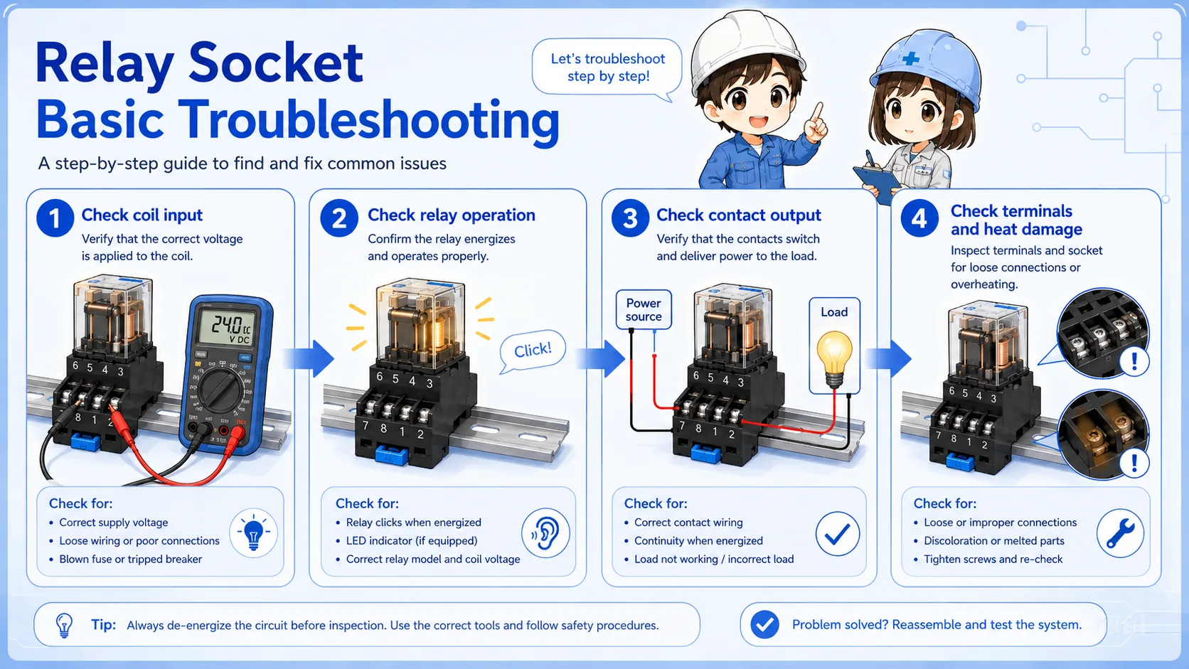 Troubleshooting relay socket by checking coil voltage, contact output, loose terminals, and relay orientation