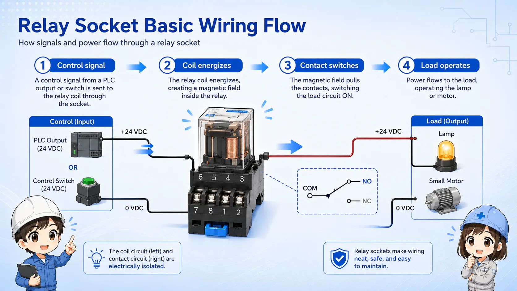 Control signal energizes relay coil and relay contact switches a load through the socket