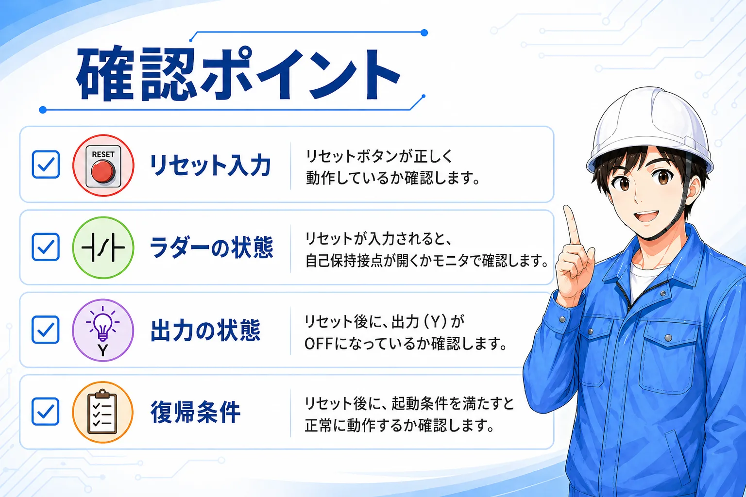 リセット回路の確認ポイント。リセット入力、ラダーの状態、出力の状態、復帰条件を整理
