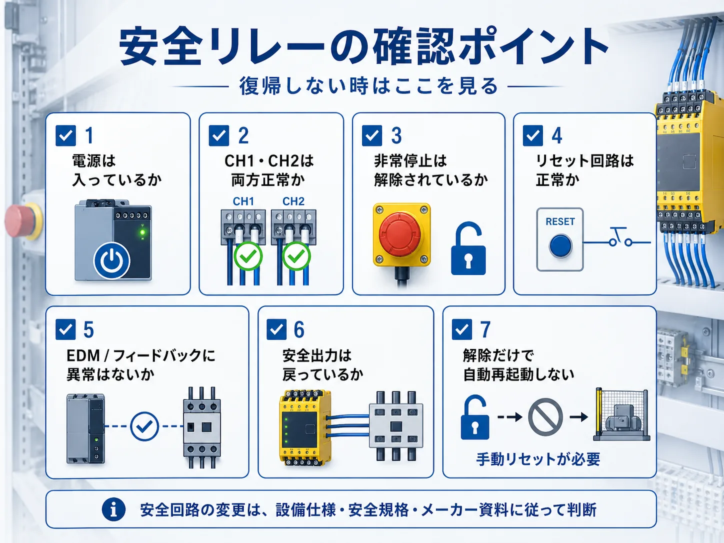安全リレーのリセットとEDM確認ポイント