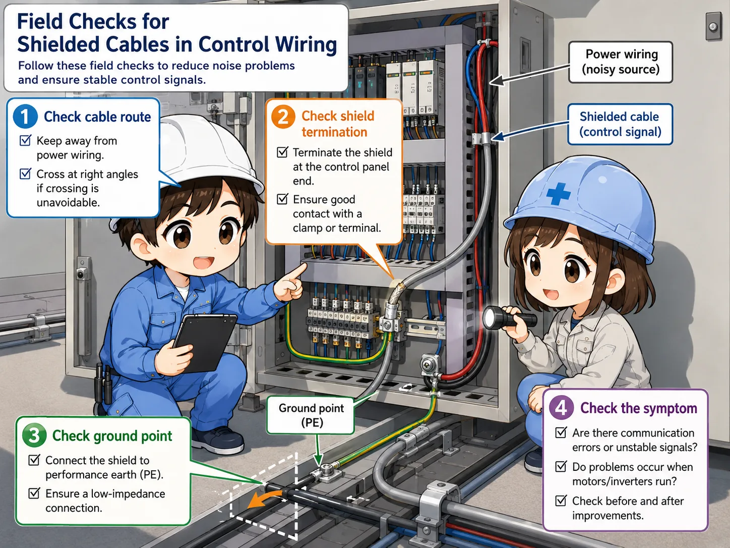 Field checklist for shielded cables including routing shield grounding terminal treatment and noise symptoms