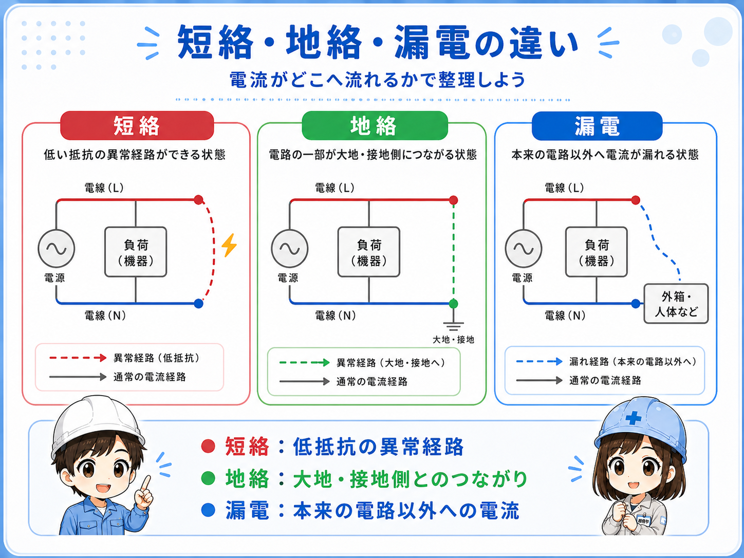 短絡・地絡・漏電の違いを電流の流れる経路で比較する初心者向け概念図