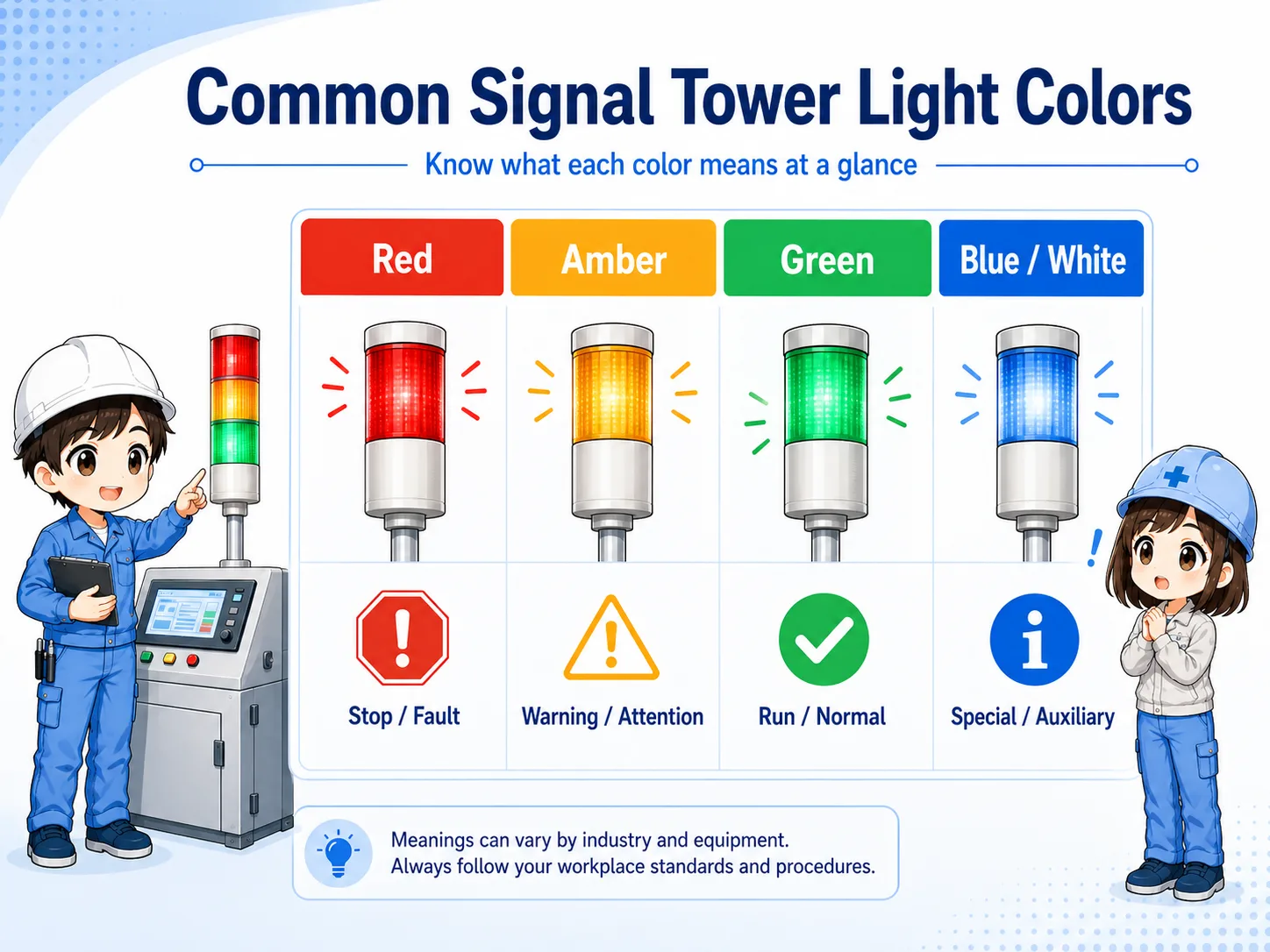Common signal tower light colors such as red amber green blue and white with typical machine status meanings