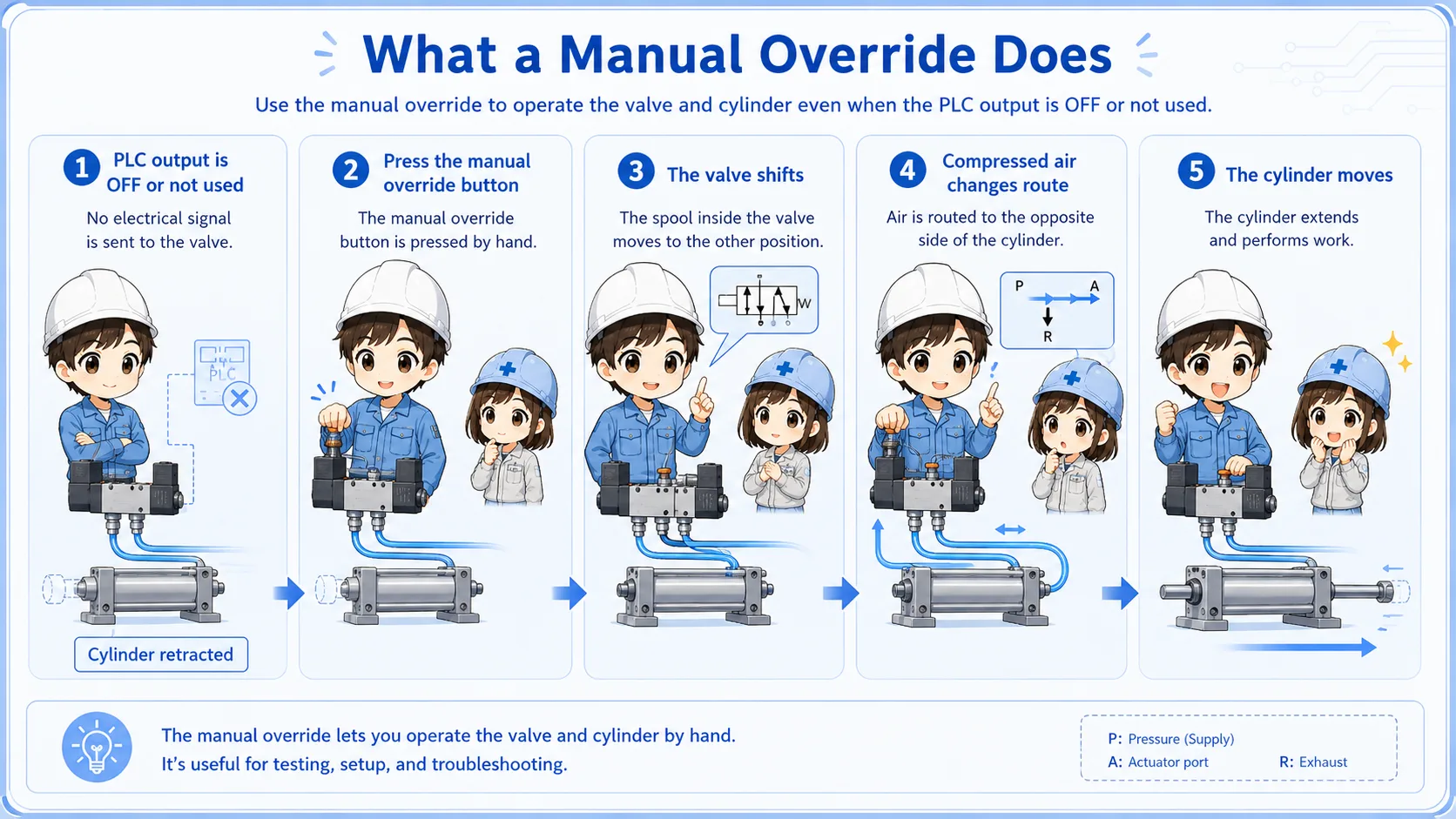 Overview diagram showing a solenoid valve manual override moving a pneumatic cylinder