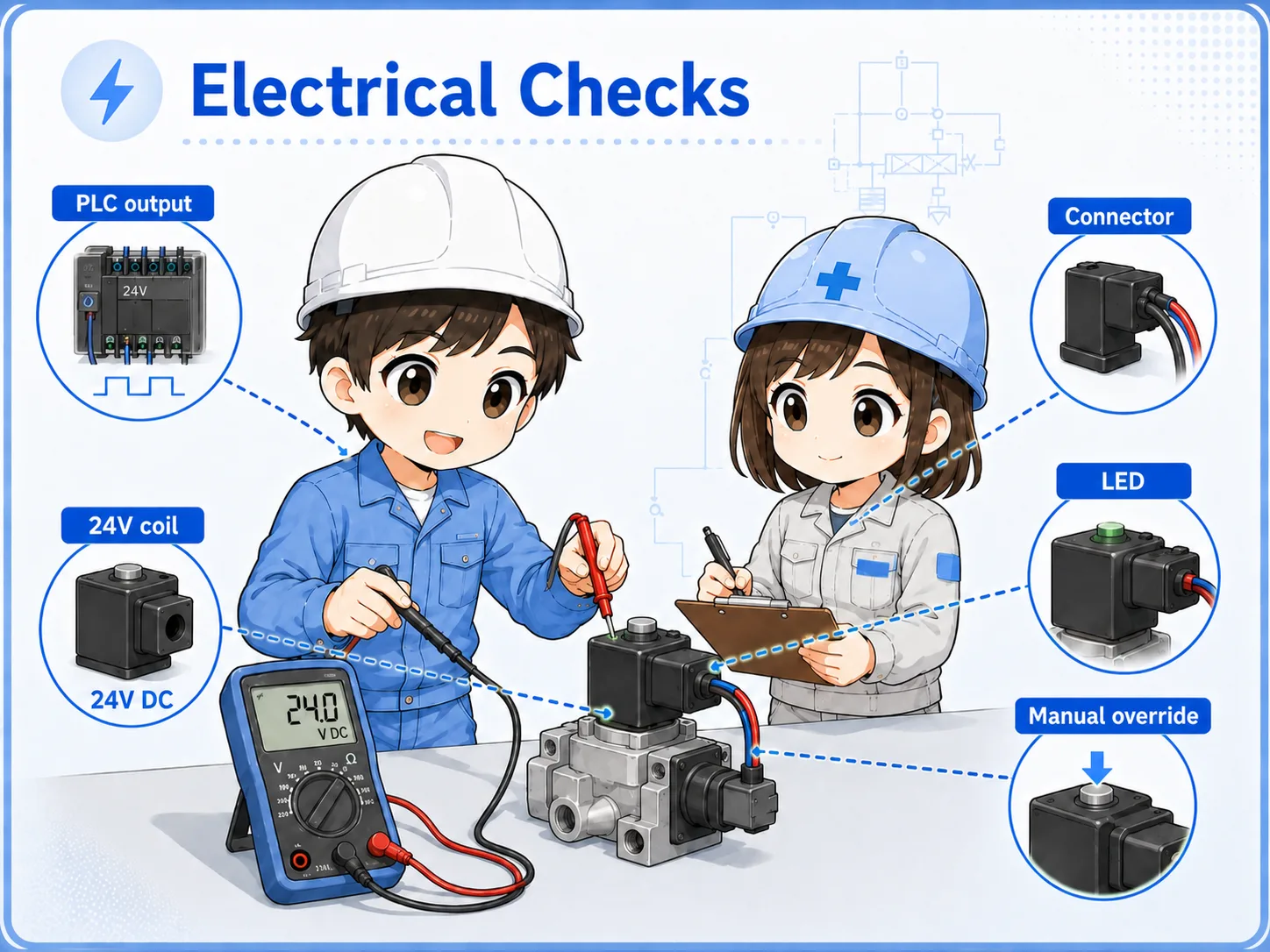 Electrical check points for solenoid valve troubleshooting including PLC output, DC24V power, connector, and coil
