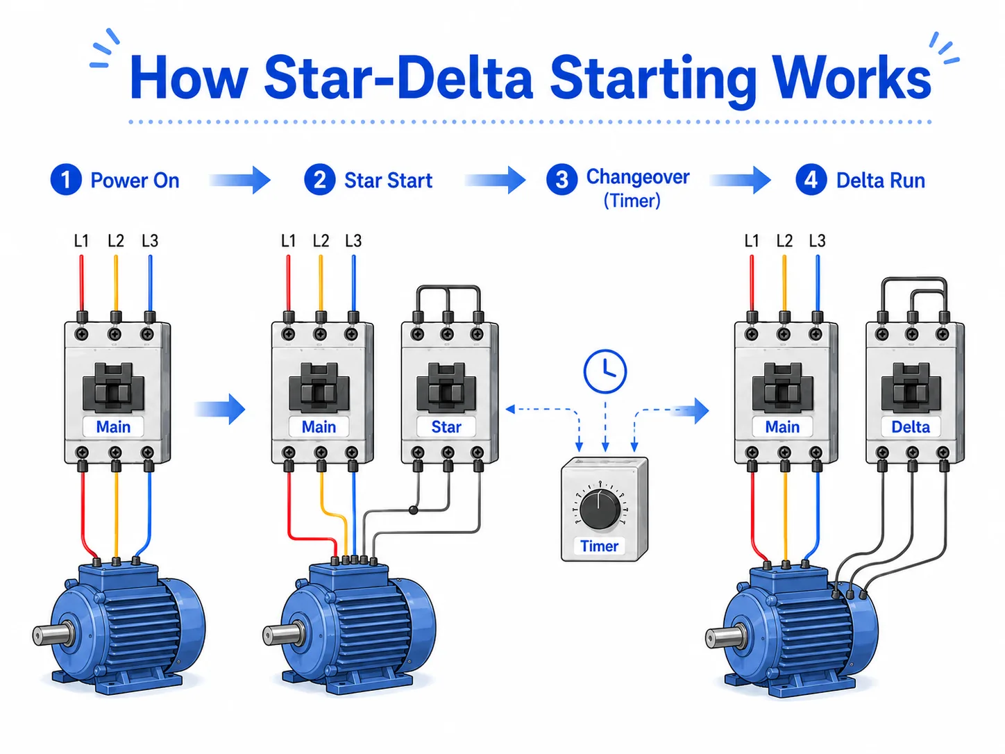 Overview of a star-delta starter switching from star start to delta run