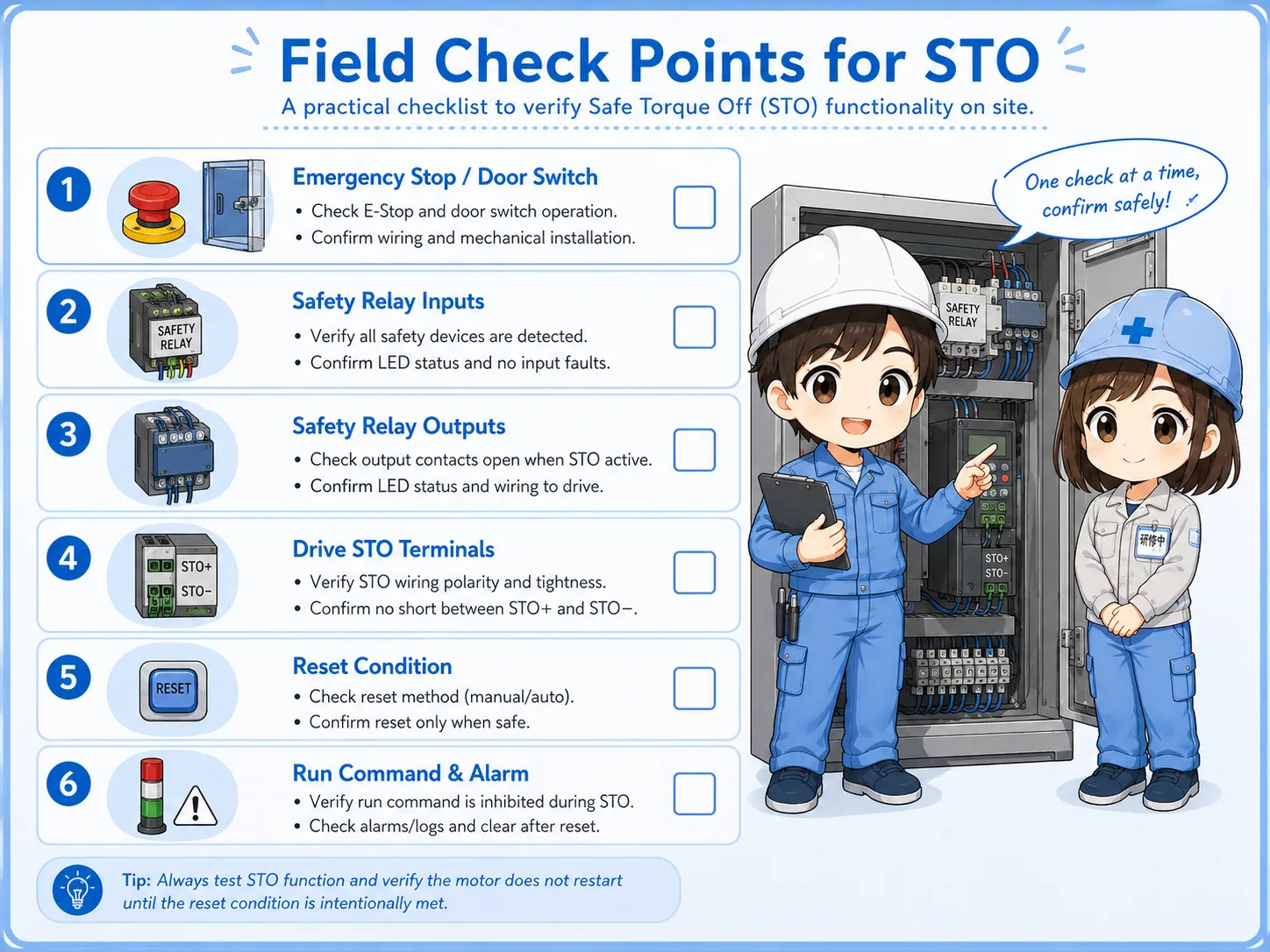 Field check points for STO safe torque off on an inverter or servo drive