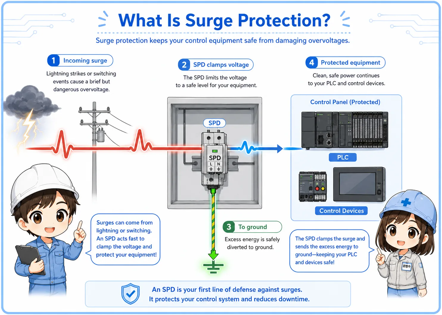 Basic overview of surge protection in a control panel with SPD and grounding path