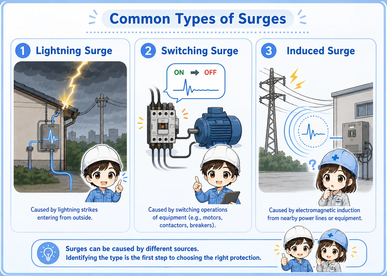Comparison of lightning surge, switching surge, and signal line surge entering a control panel