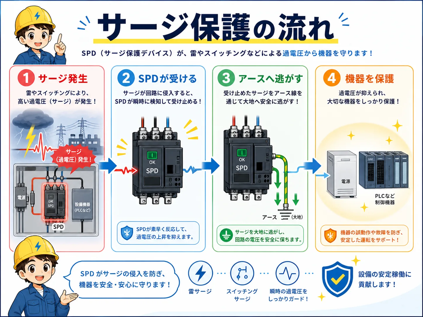 サージ発生からSPDが受け、アースへ逃がし、機器を保護する流れを示した図
