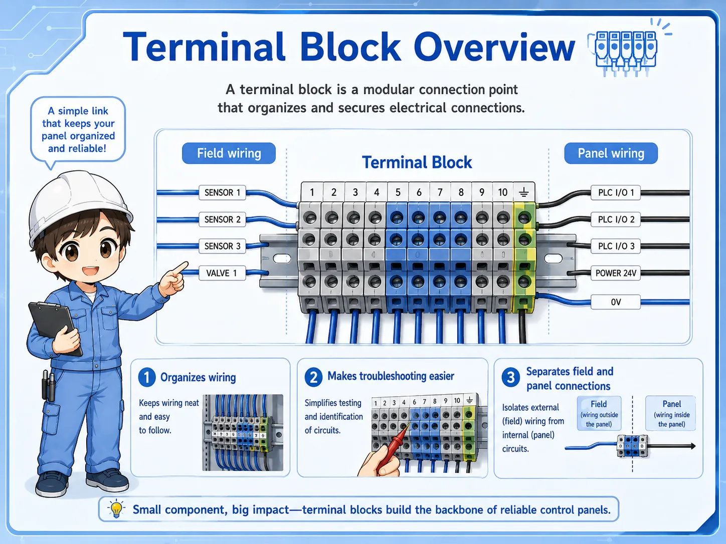 Overview of a terminal block connecting field wiring and panel wiring inside a control panel