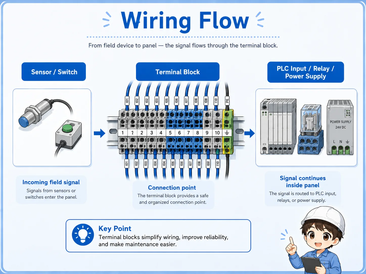 Wiring flow from field devices through a terminal block to PLC inputs, relays, and power supply inside a control panel